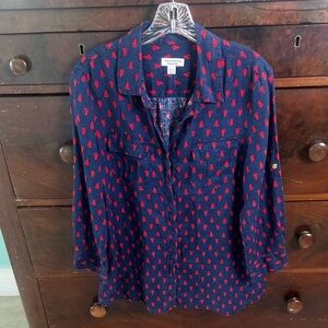 Charter Club Weekend Navy Red Linen Button Down Shirt Top Blouse Women Large